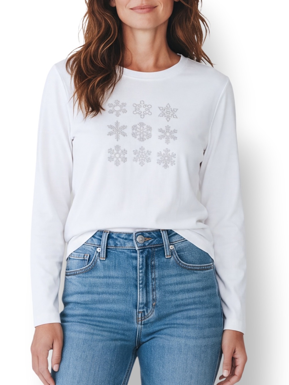 4/$20 Designer Originals Studio Joy Silver Snowflake Holiday Top Petite Large